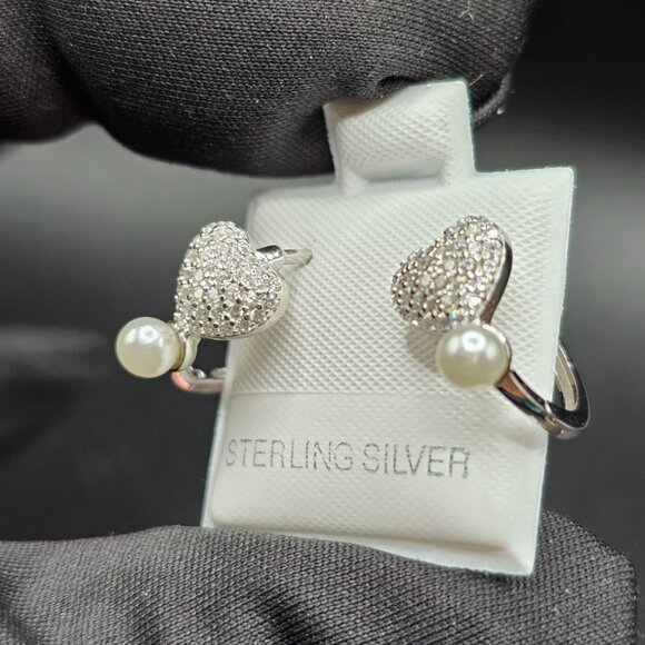 Sterling Silver 925 Rhodium Plated Heart Clear CZ Synthetic Pearl Hoop Earrings - Picture 12 of 12